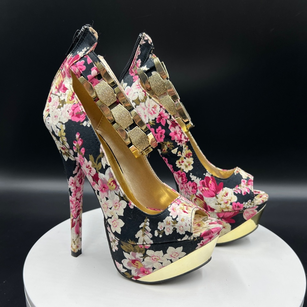 Black Floral QUPID Platform Heels with Gold Ankle Strap and Accents.
